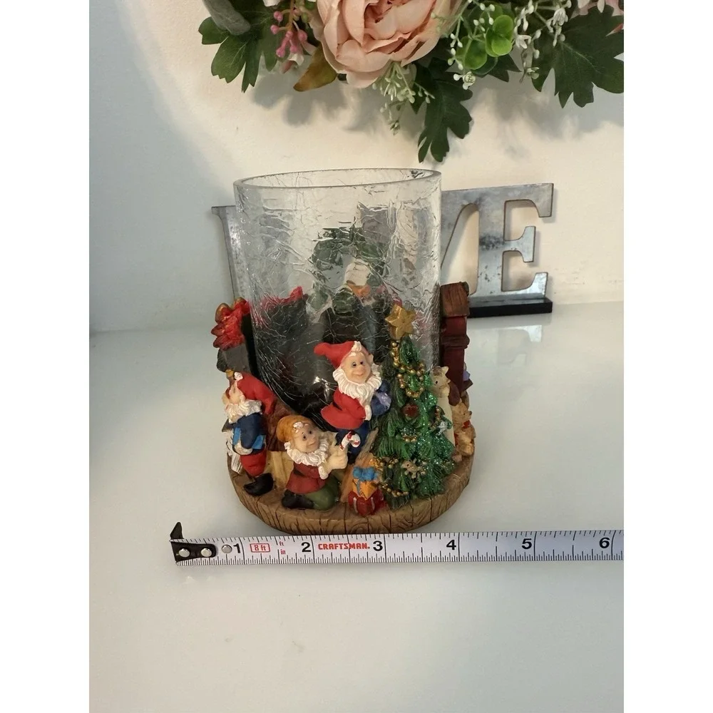 Hurricane Candle Holder W Wood Base Textured Glass Christmas Lamp  Santa Elves‎